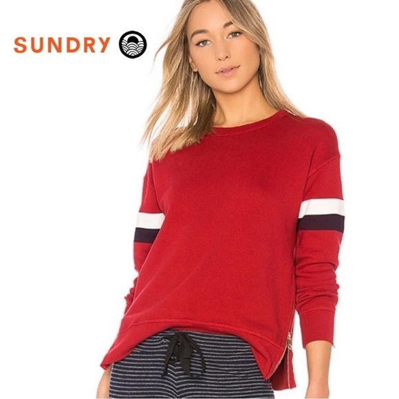 Sundry Varsity Stripe Zip Hem Crewneck Pullover - Picture 1 of 15